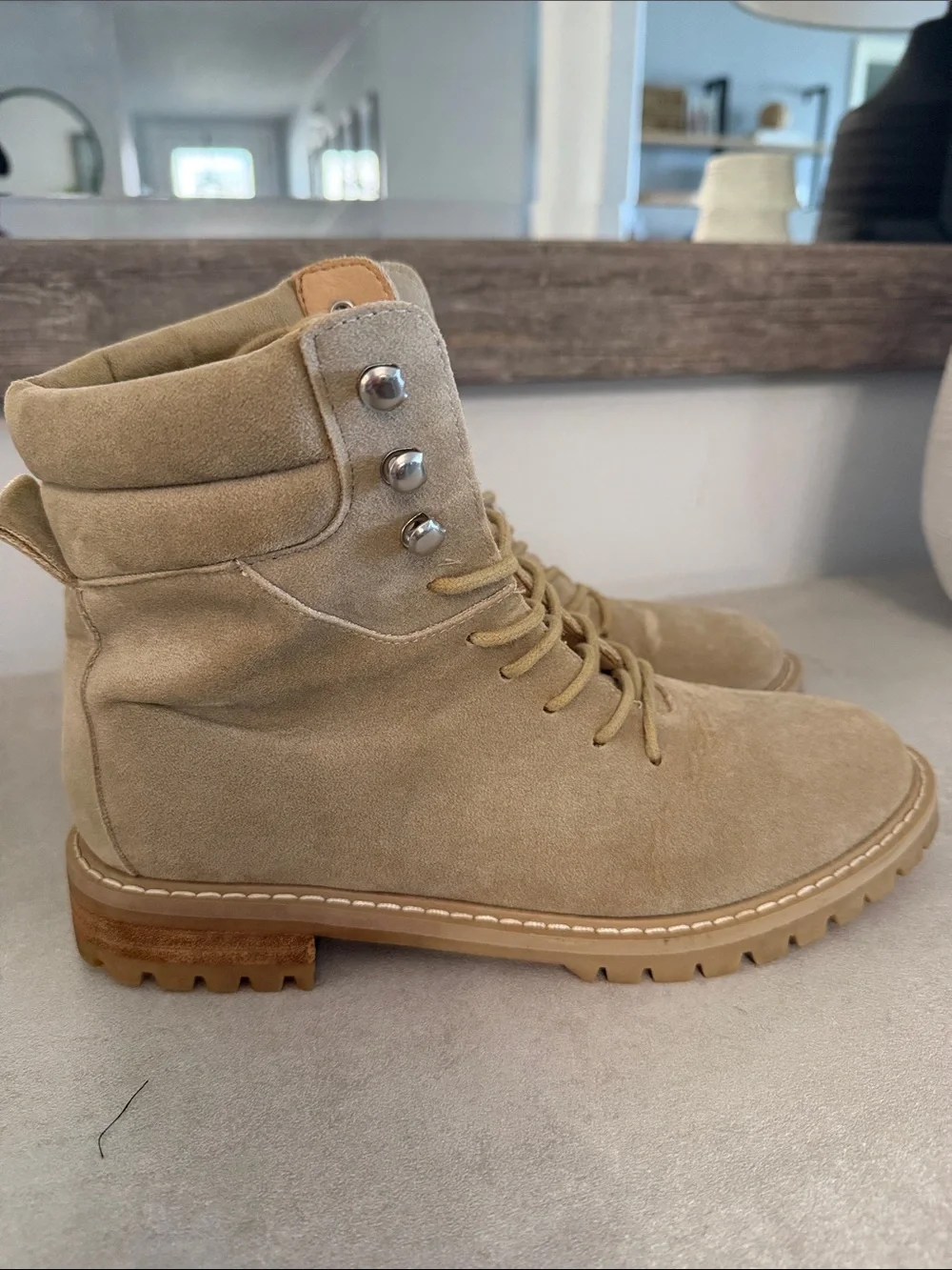 Classic Suede Lace-Up Ankle Boots in Beige
